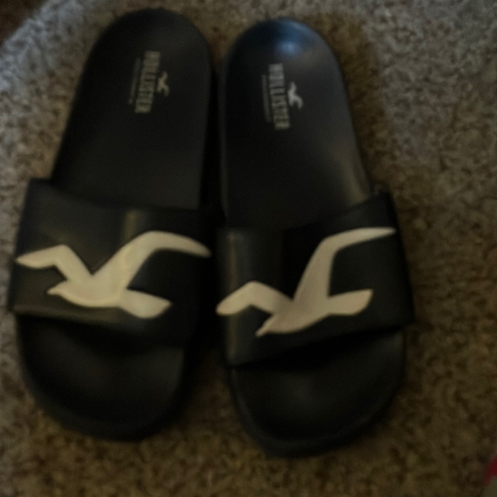 Hollister Black Slides with White Bird Logo